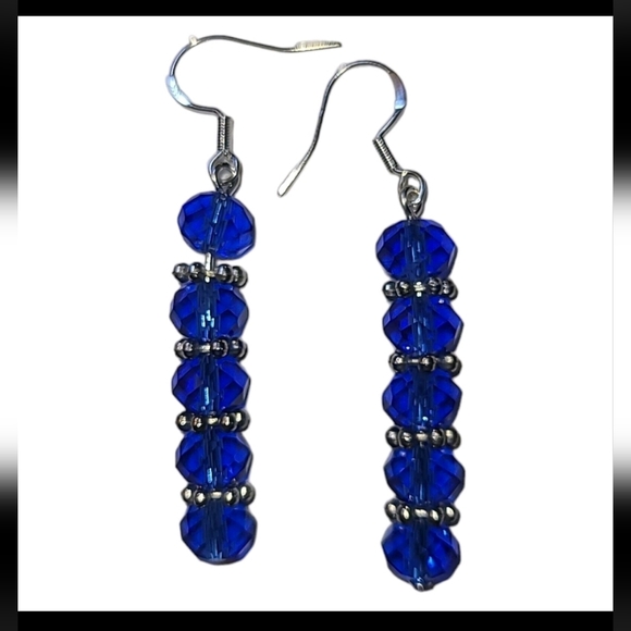 Royal Blue Crystal Sterling Silver 925 Dangle Drop Earrings Handmade 2" - Picture 1 of 4